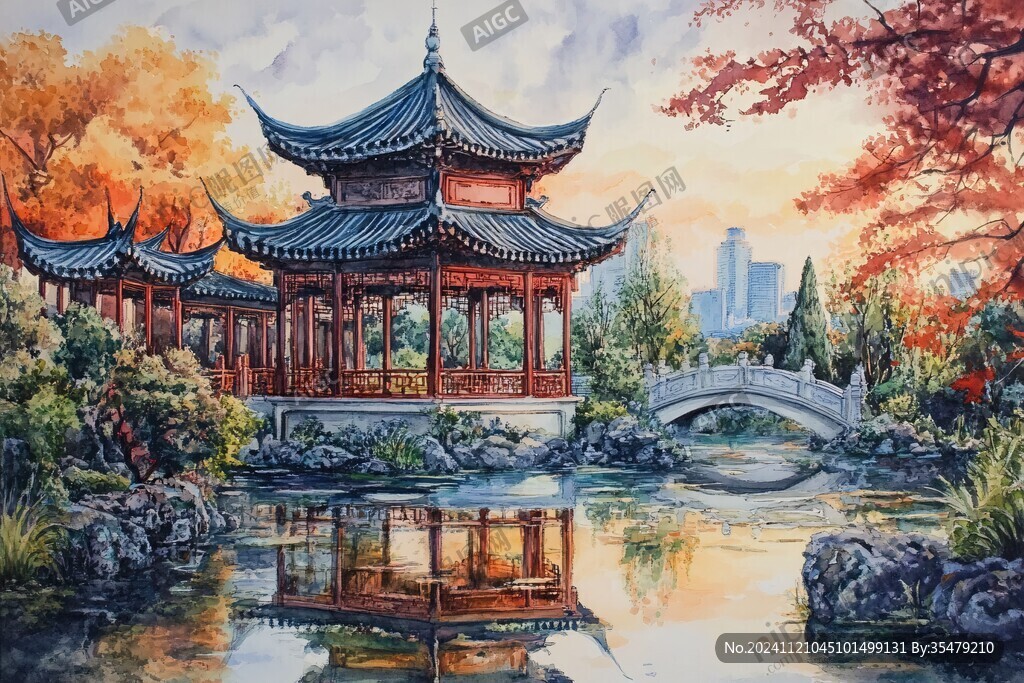 古風亭臺樓閣油畫