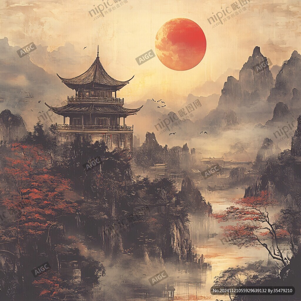 旭日東升樓閣山水畫(huà)