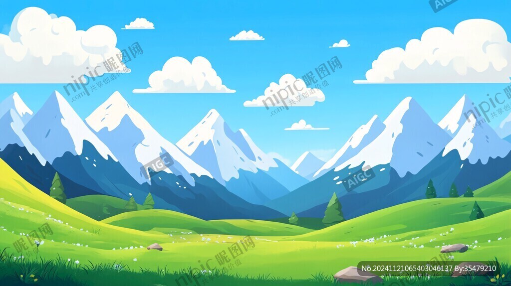 藍天白云山脈草地背景