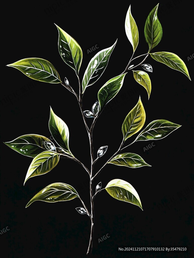 手繪茶葉芽嫩枝
