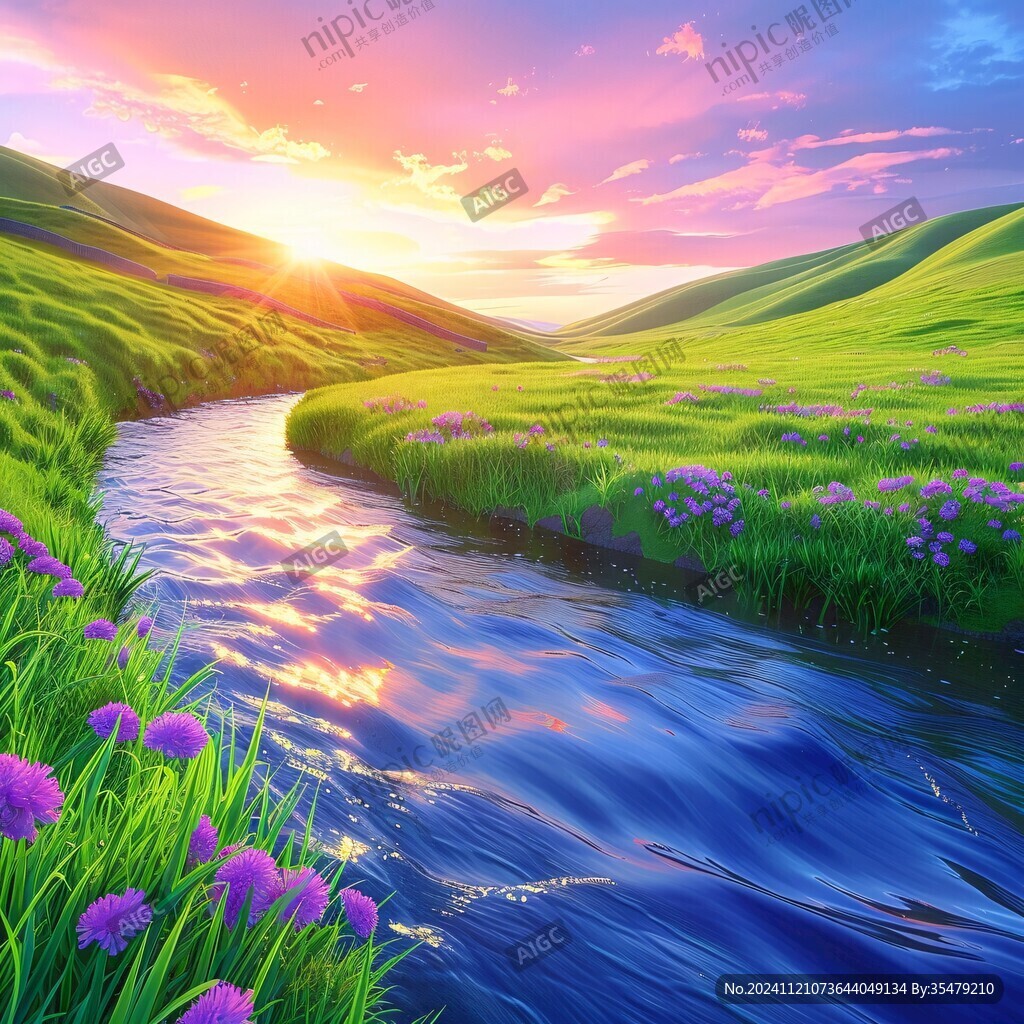 草地小河夕陽