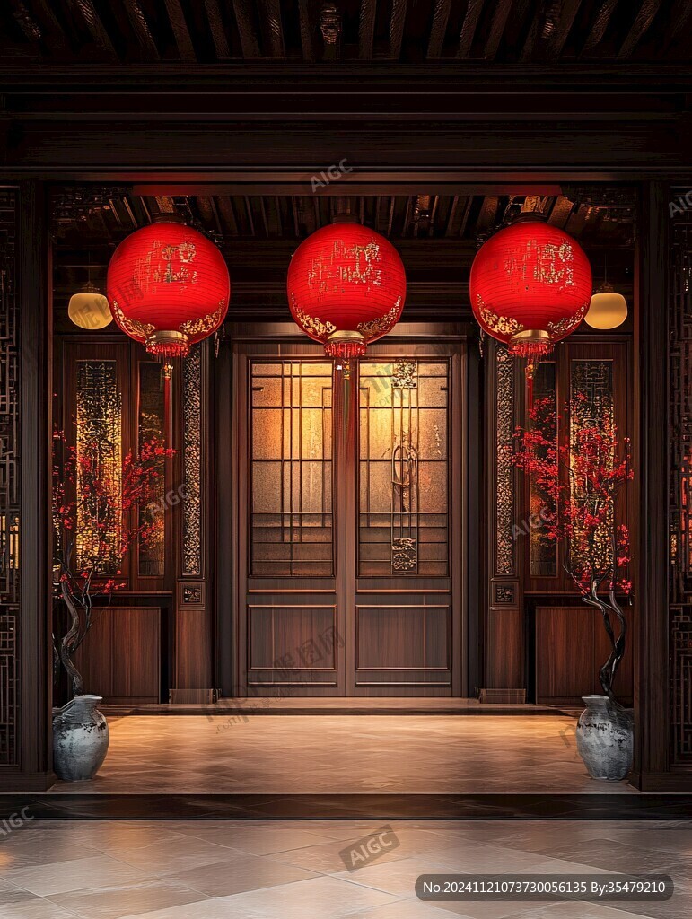 中式大門掛紅燈籠