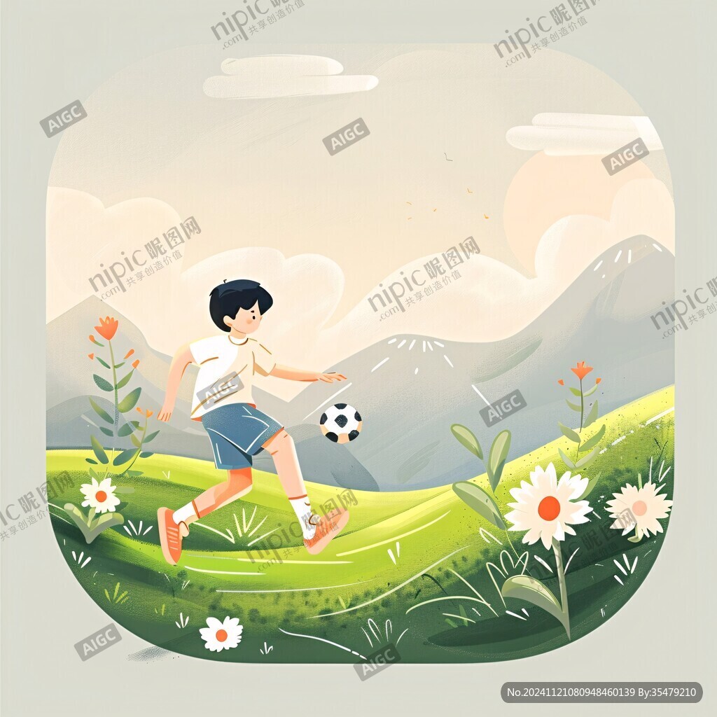 草地奔跑的少年插畫