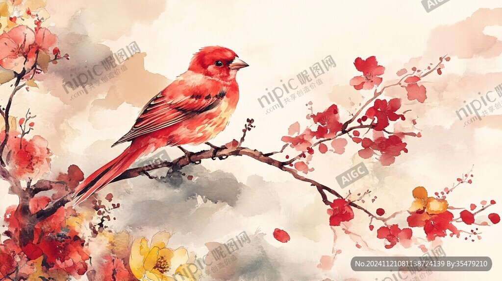 新中式手繪紅色花鳥(niǎo)