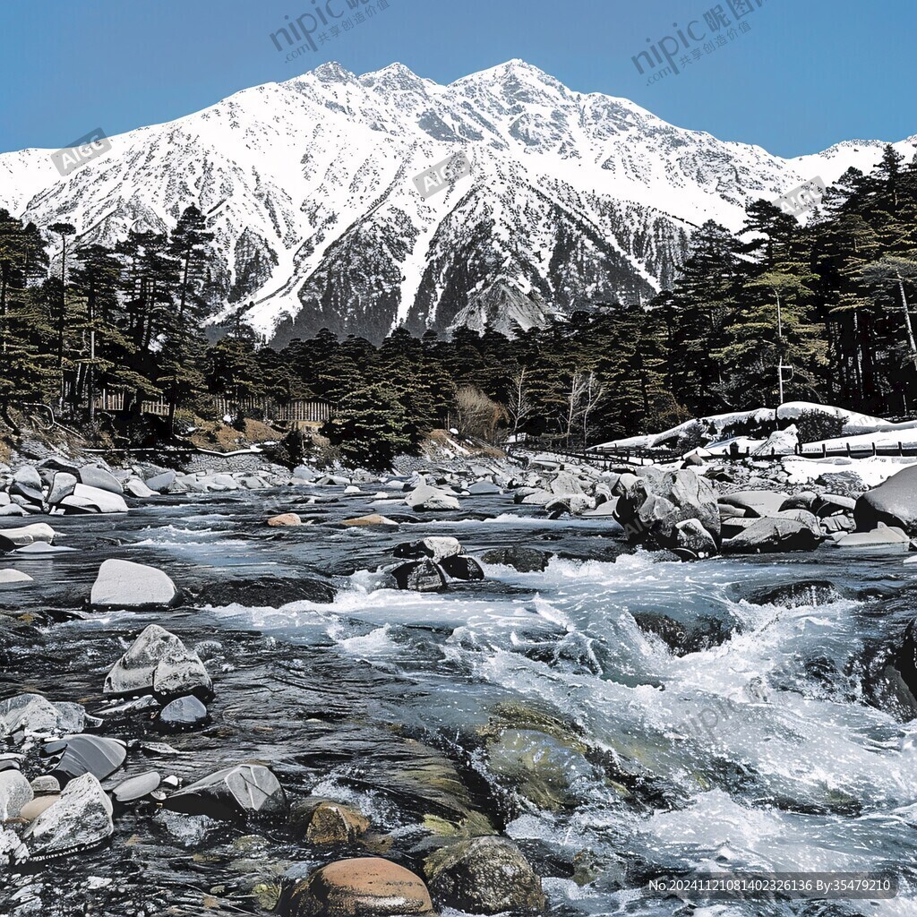 雪山下山谷清溪流水