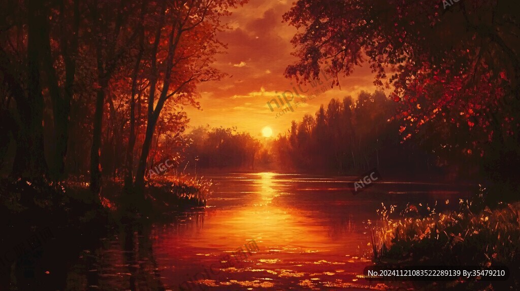 森林潭水夕陽秋色
