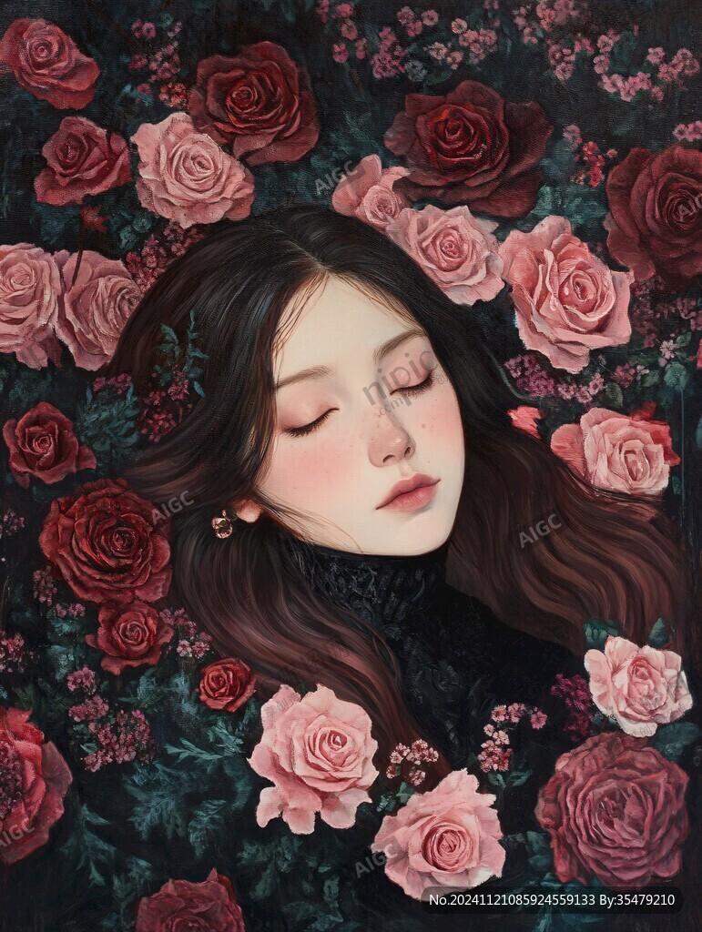 玫瑰花插畫女孩