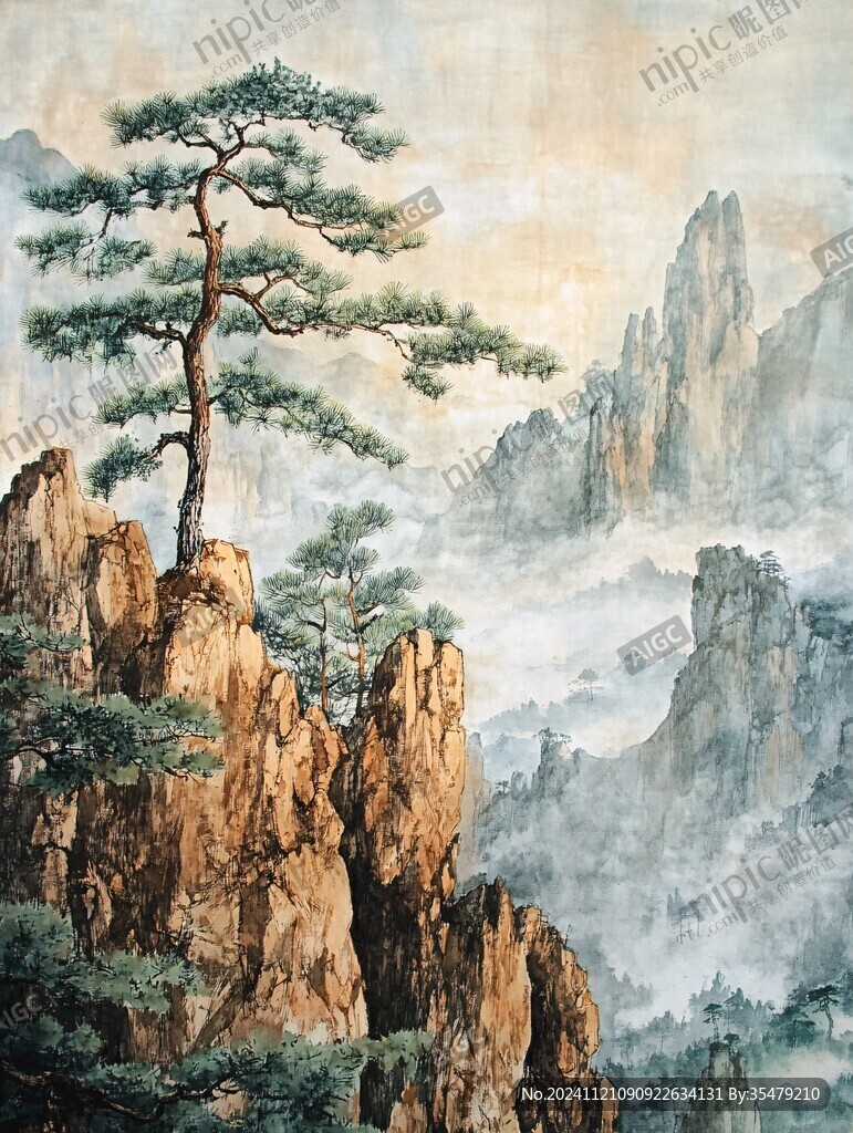 迎客松油畫