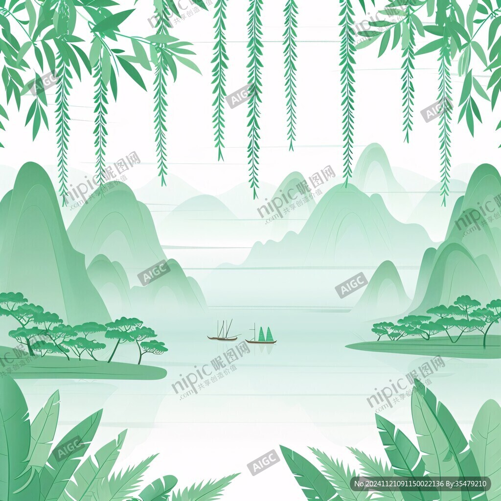 山水竹林插畫