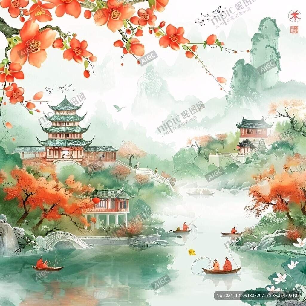 桃花源記古風山水插畫
