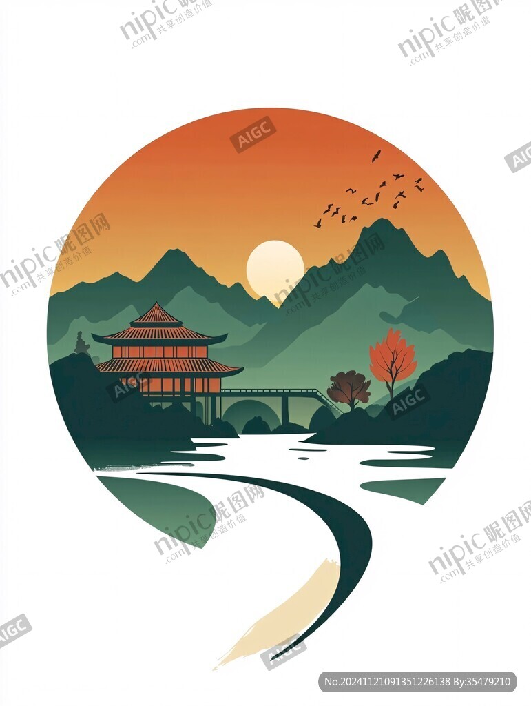 山水圓形插畫(huà)