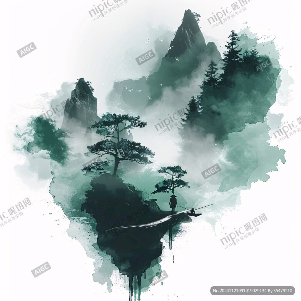 迎客松禪意水墨畫