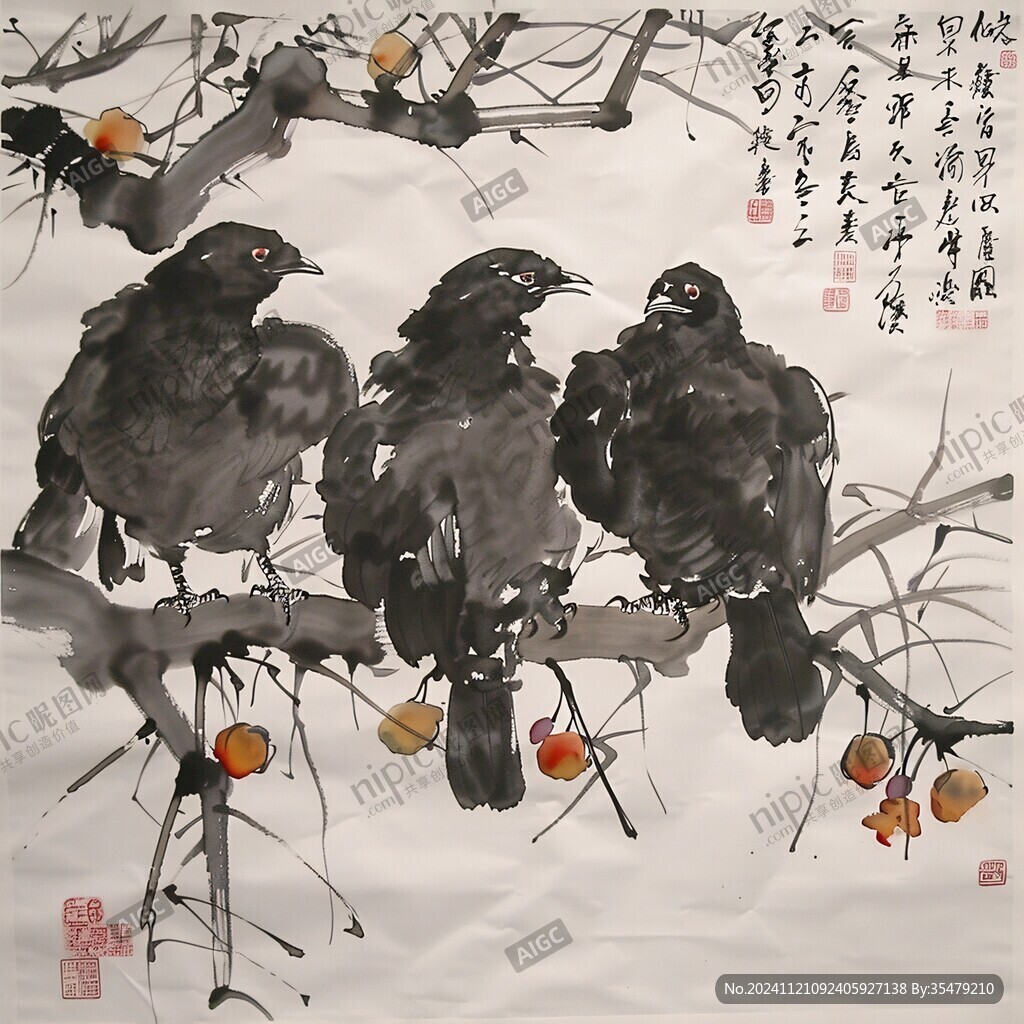 國畫鳥與柿子
