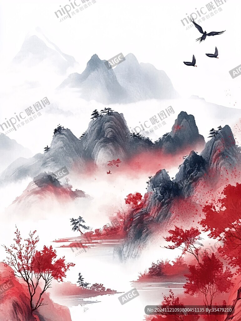 紅葉古風山水畫
