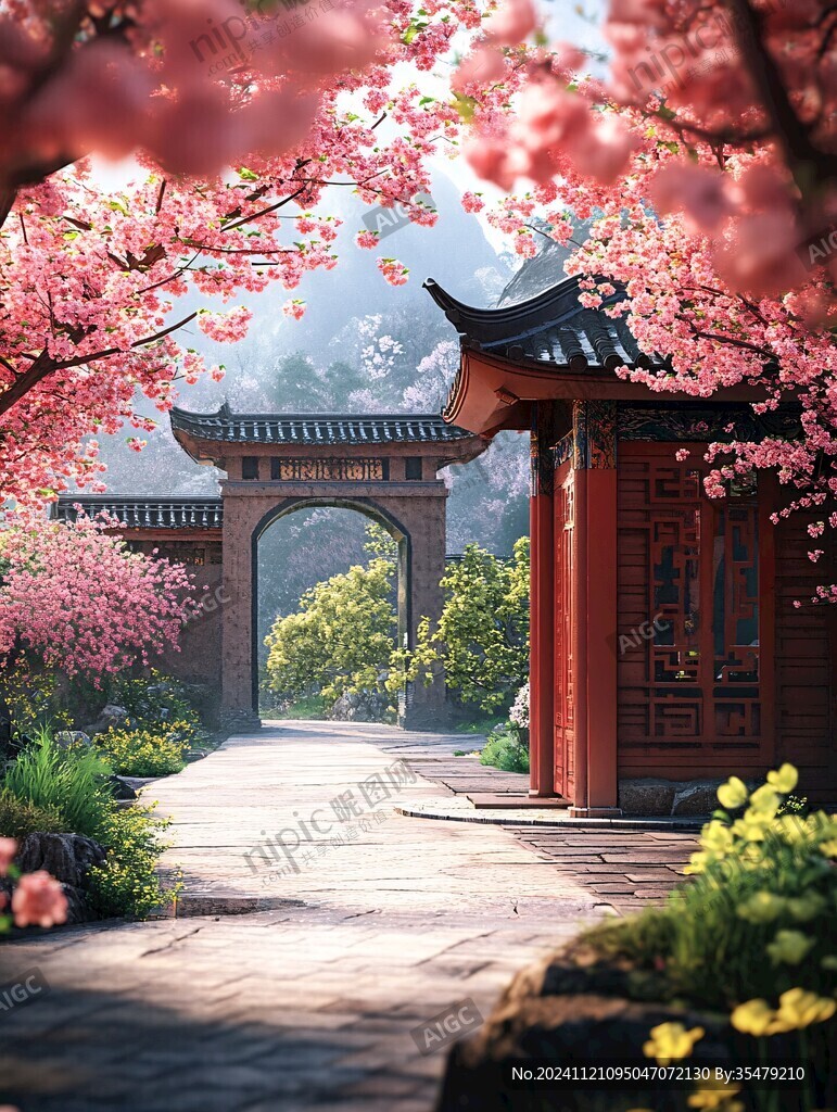 花瓣園林門春曉