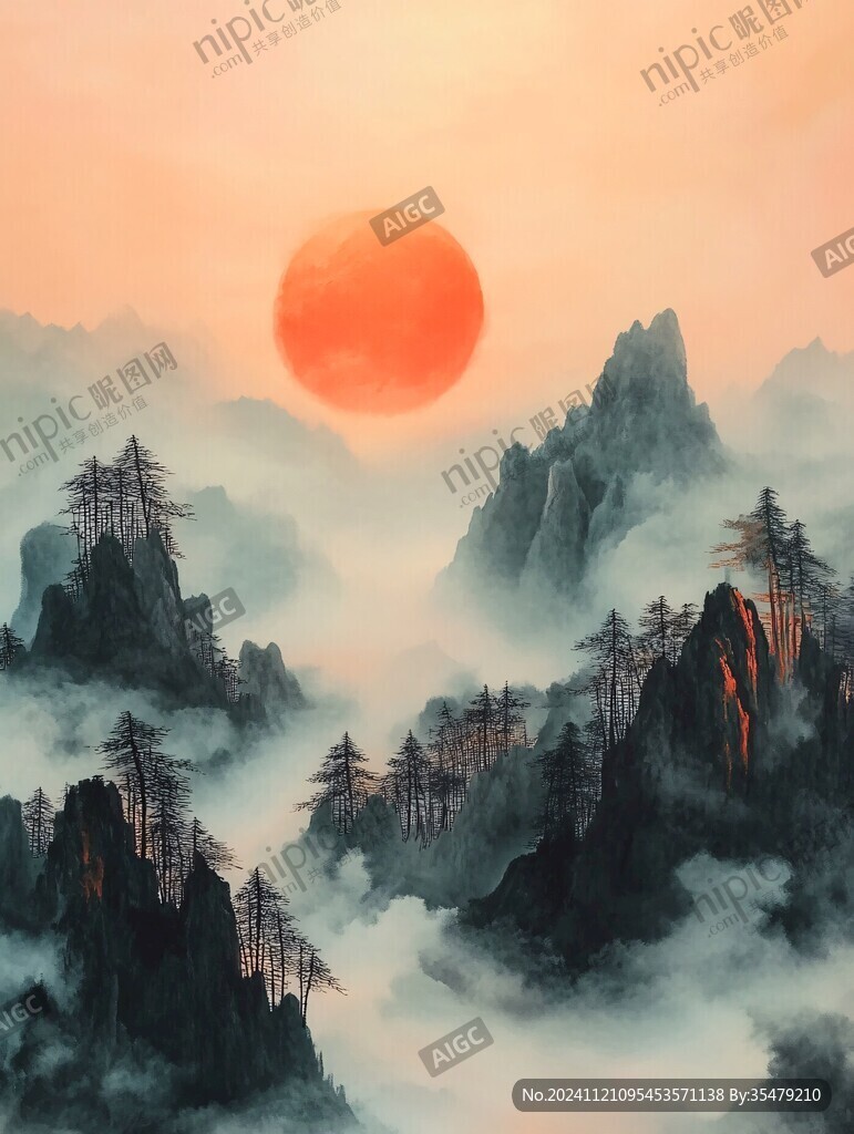 紅日水墨山水