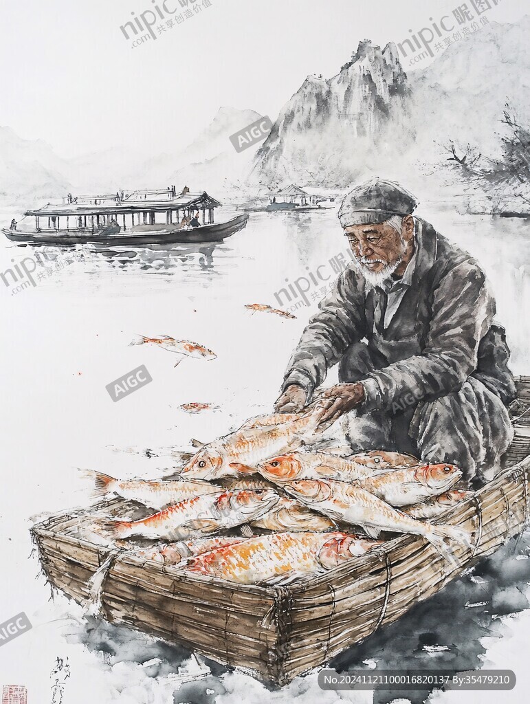 古代賣魚場景圖