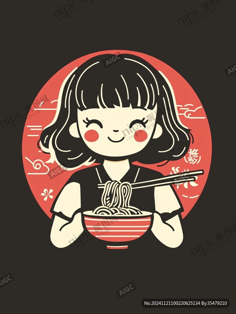 吃面條的卡通女孩