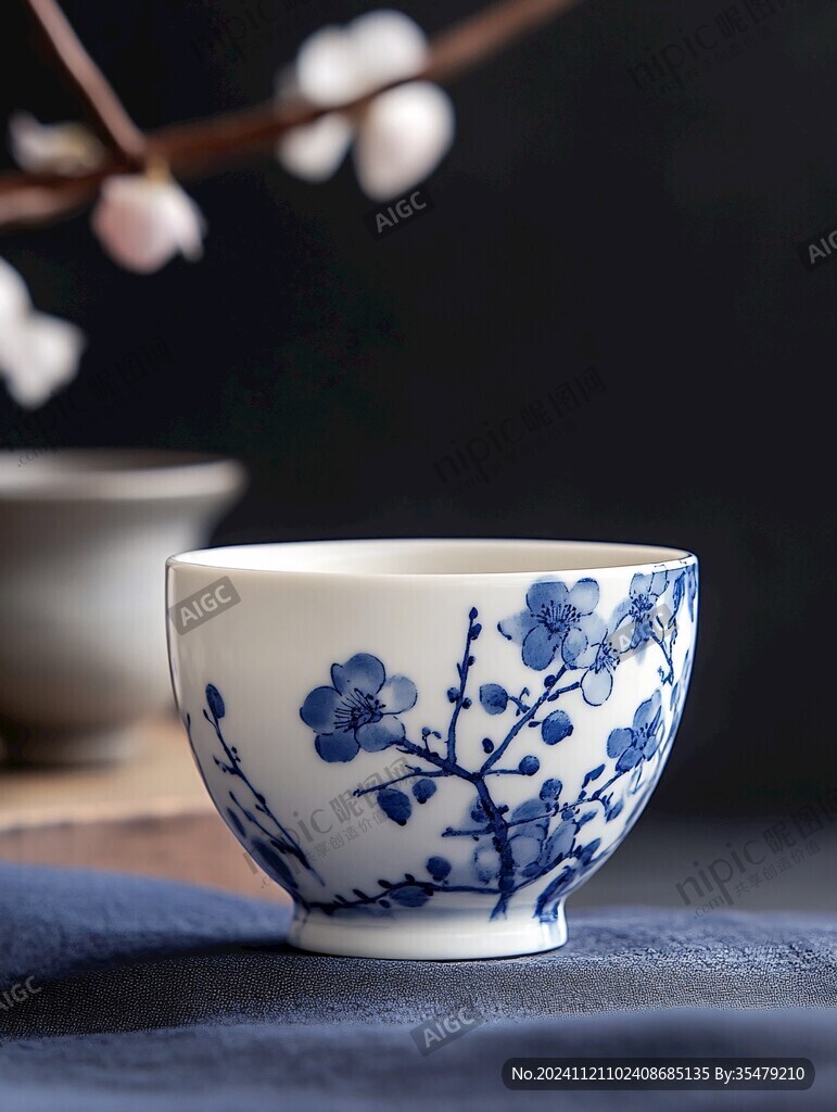 藍彩金彩月影梅紋杯