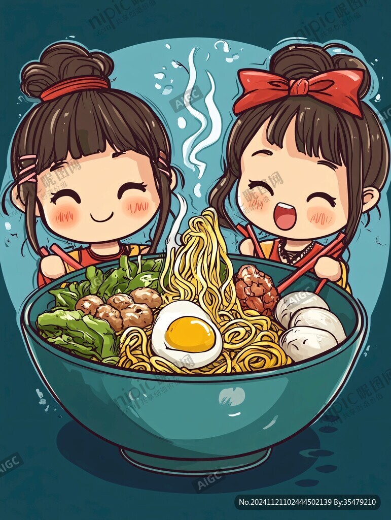 吃面條的卡通女孩