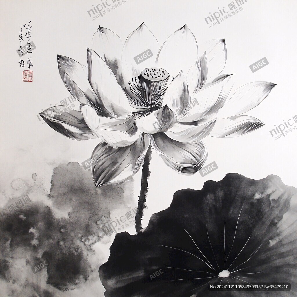 荷花手繪黑白