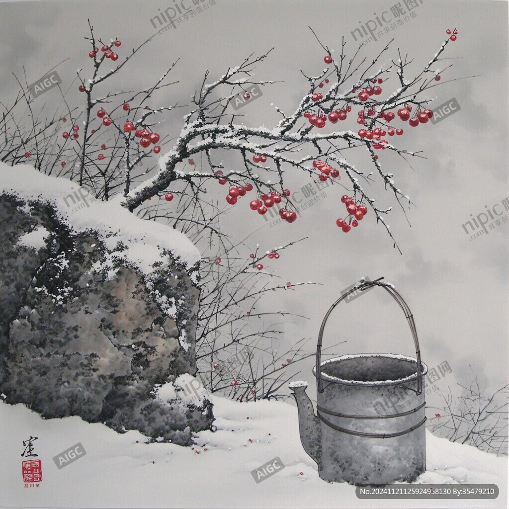 工筆手繪雪景圖