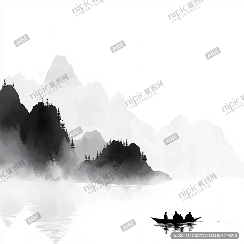 水墨山水船