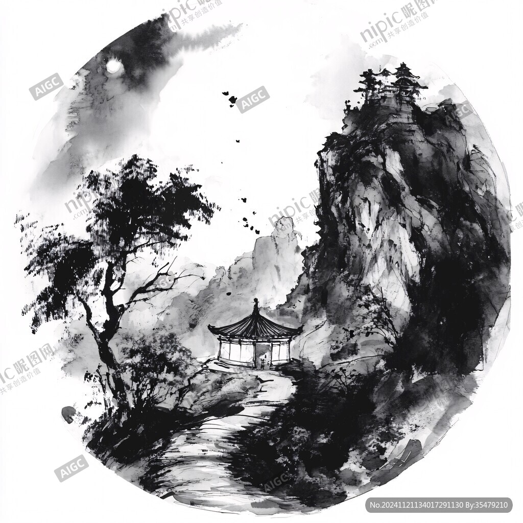 圓形水墨山水圖