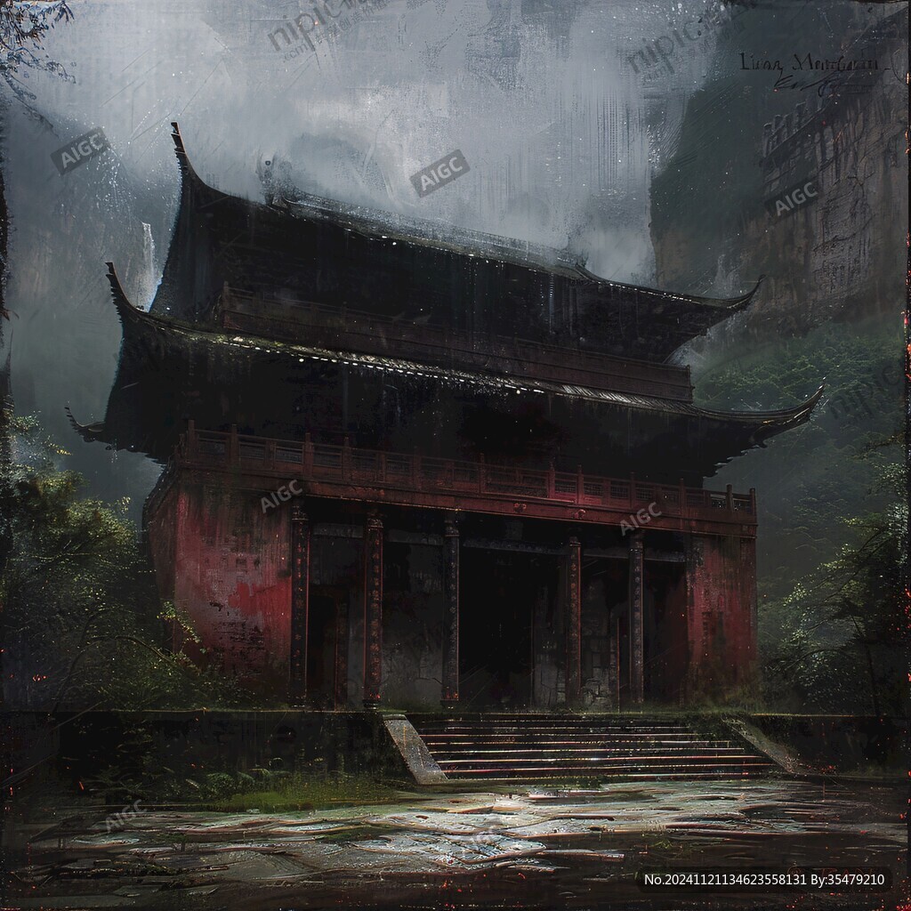 中式古代建筑雨景