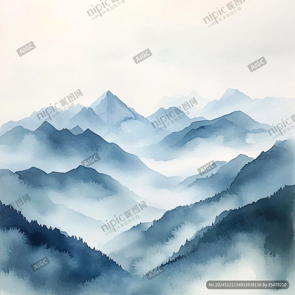 水彩畫山峰群山遠(yuǎn)山