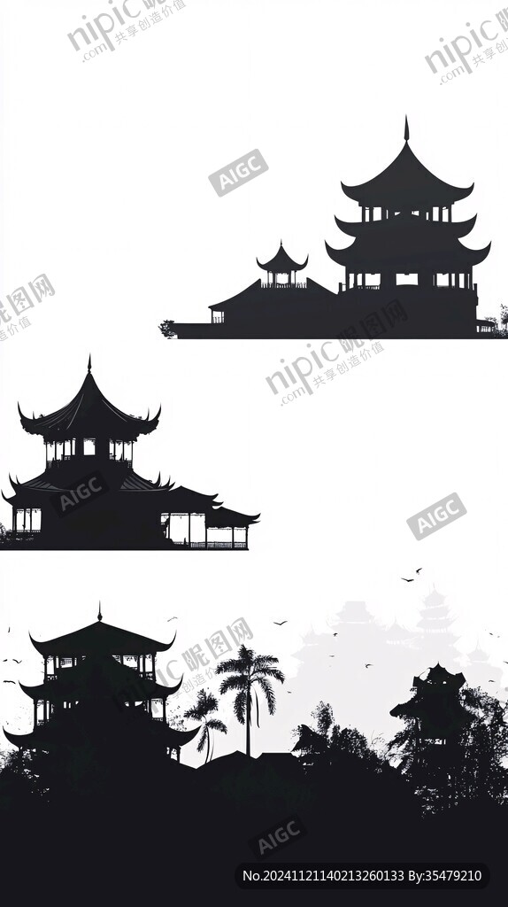 江南建筑插畫剪影素材