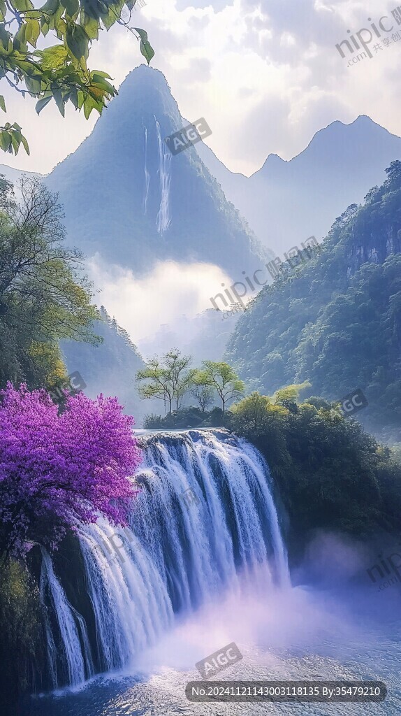春天竹林瀑布晨曦唯美