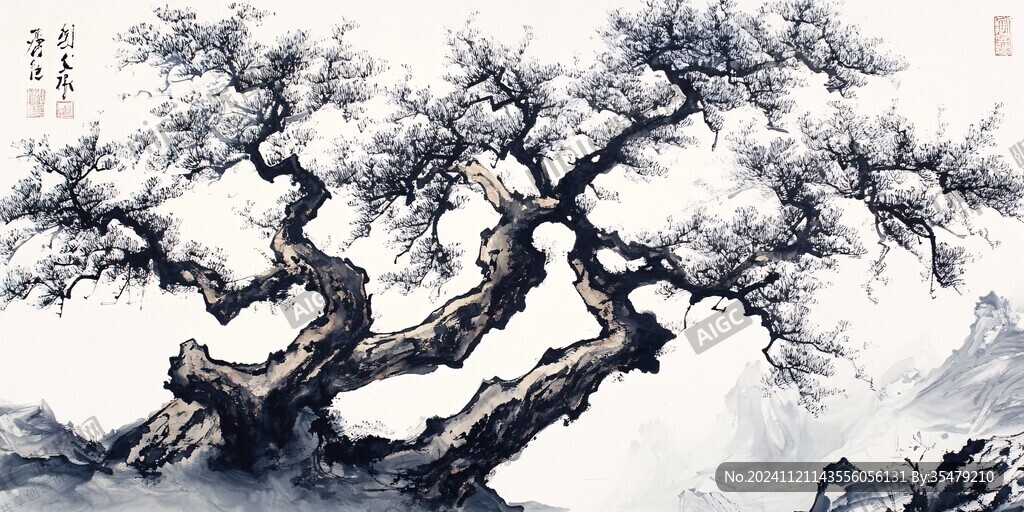工筆畫古柏