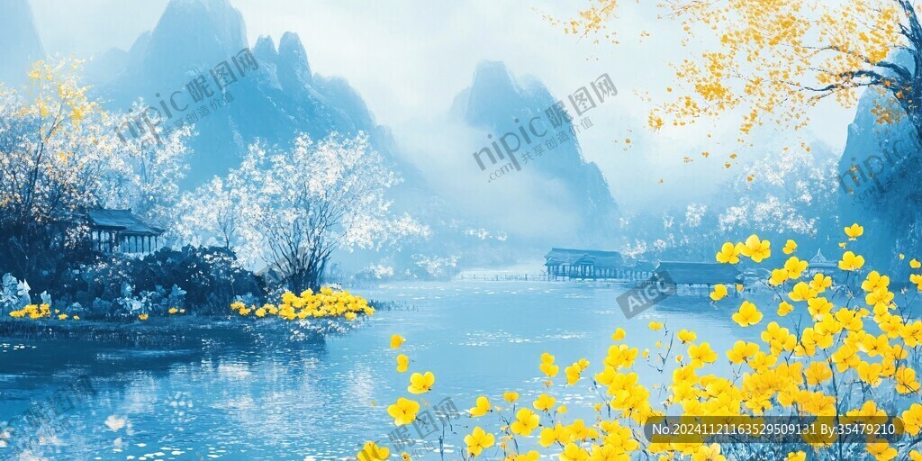 淡雅金色煙霧山水