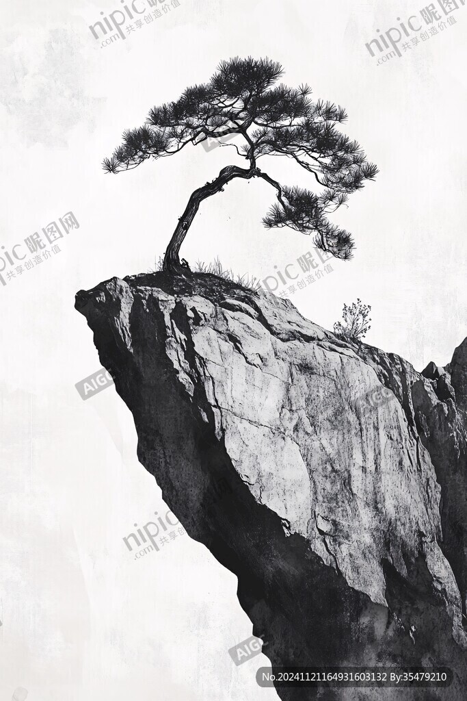 迎客松禪意水墨畫