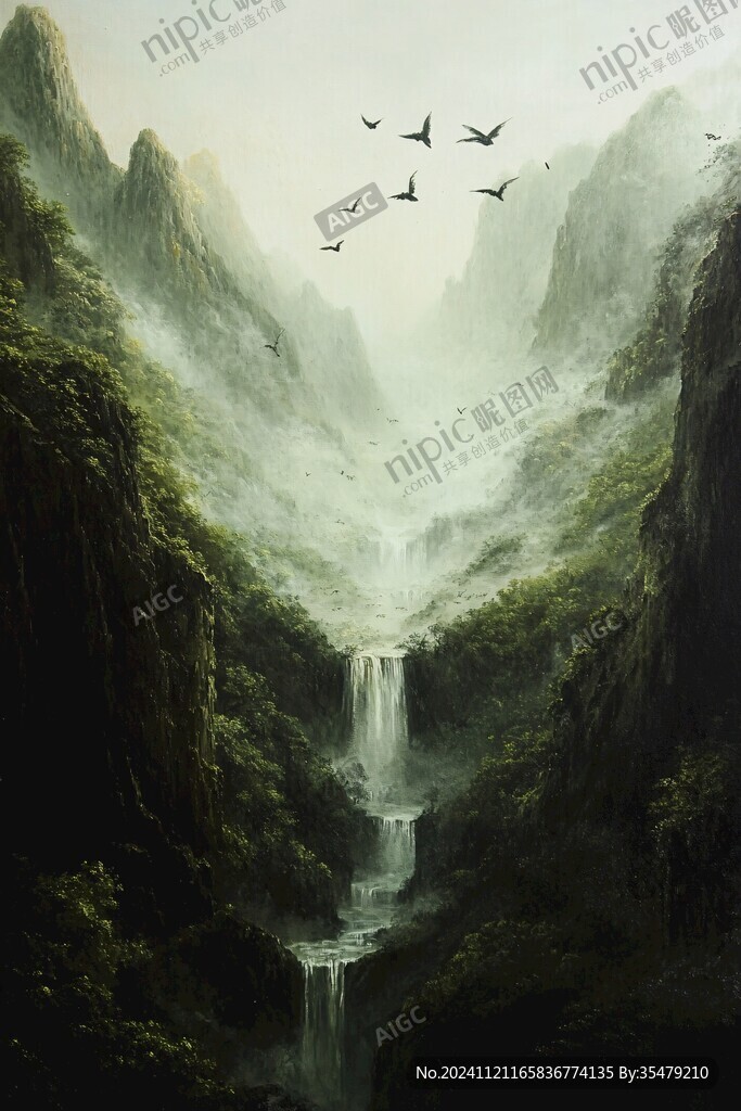 山水風(fēng)景油畫瀑布