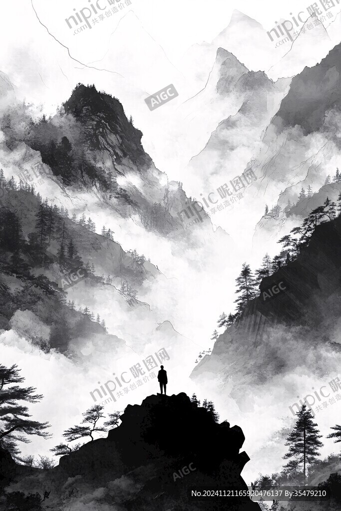 暈染墨跡禪境黑白畫