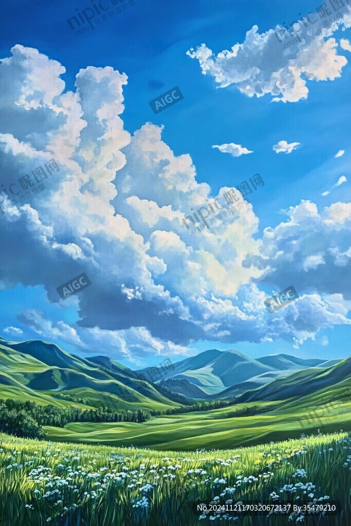 藍天白云綠草油畫
