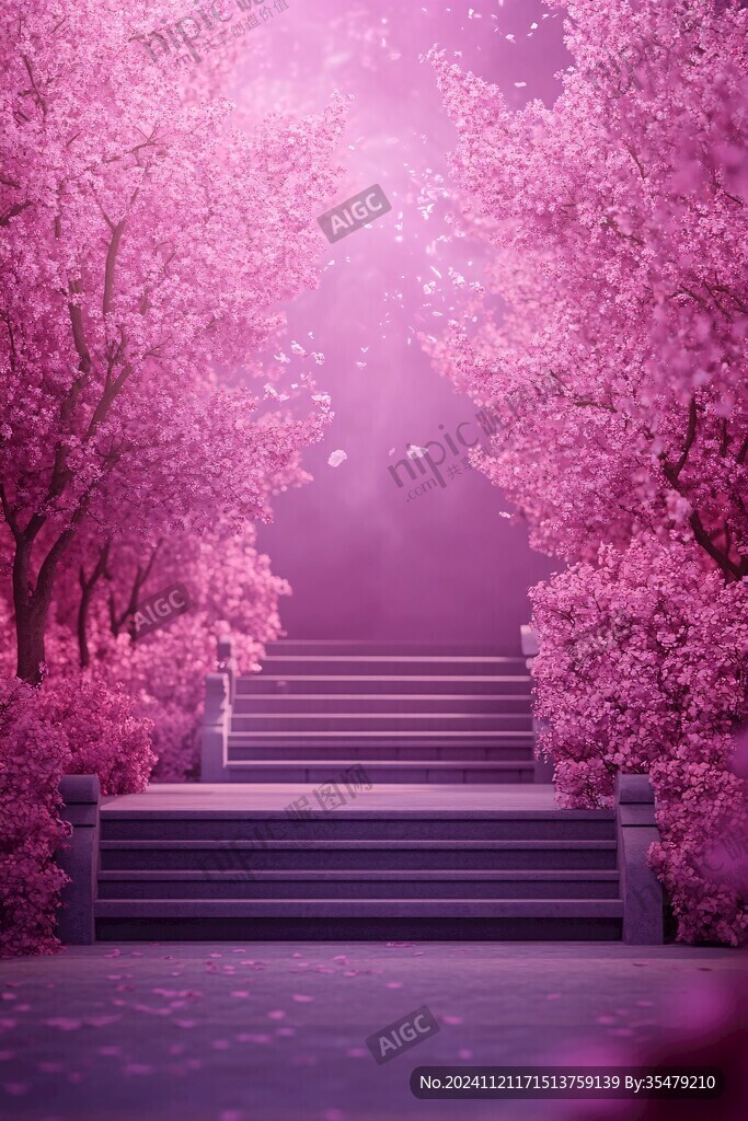 浪漫的櫻花盛開的樓梯