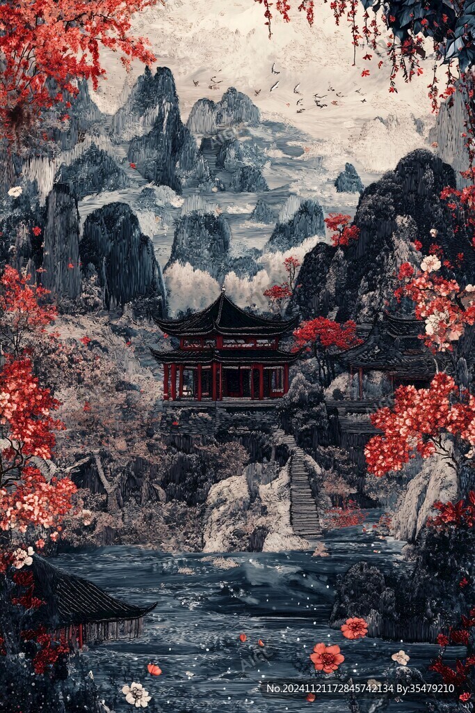宮庭樓閣創意山水畫