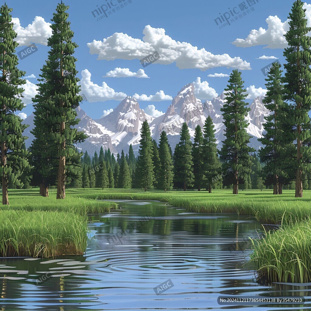 手繪森林山峰草地
