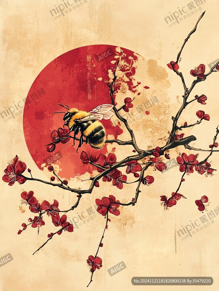 古風紅梅花鳥插畫