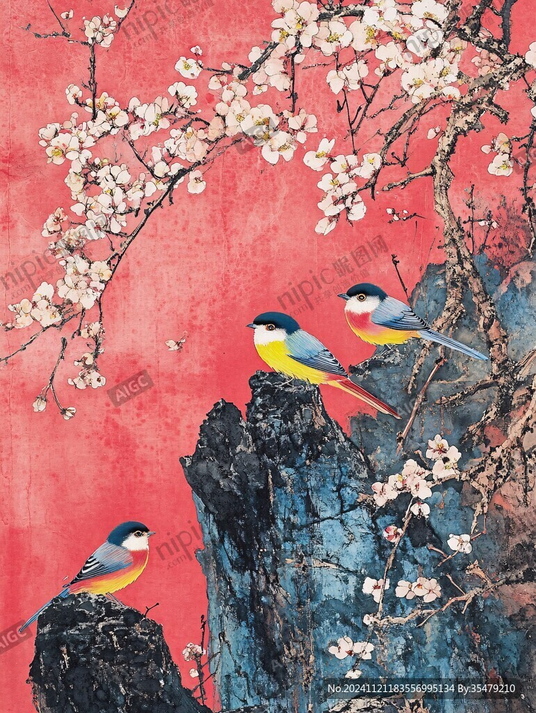 紅梅花鳥裝飾畫