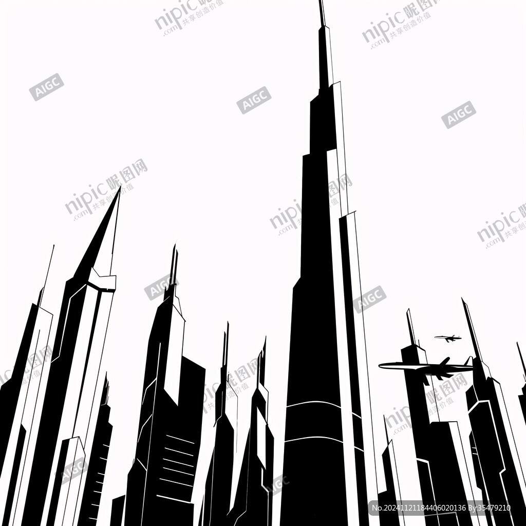 迪拜建筑剪影輪廓手繪
