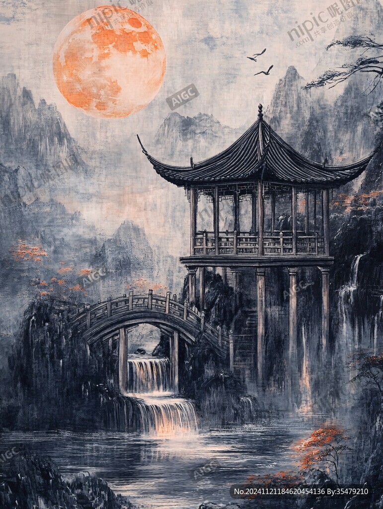 古風(fēng)亭臺(tái)樓閣油畫