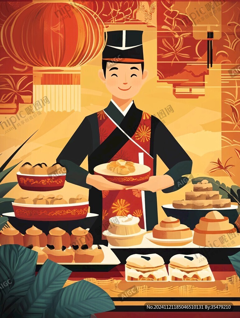 古代蛋糕制作插畫