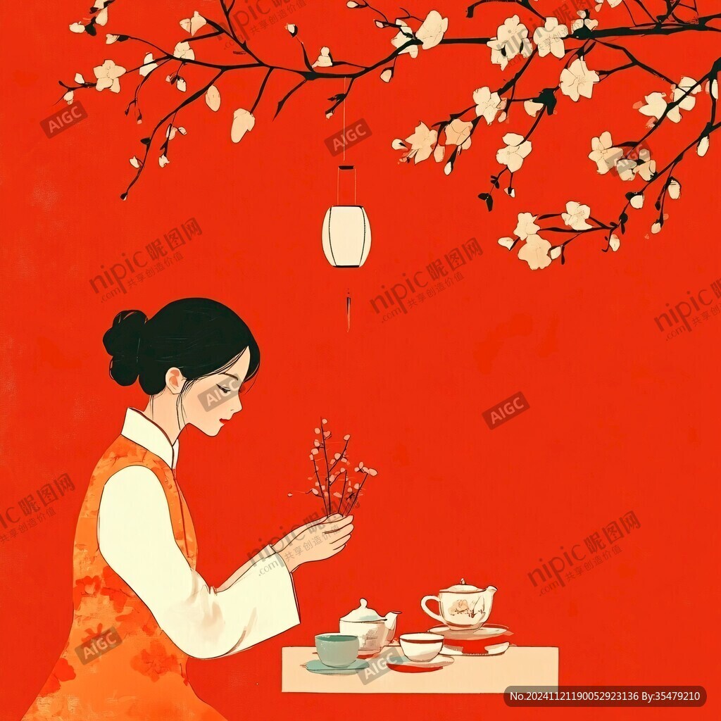 旗袍美人喝茶插畫