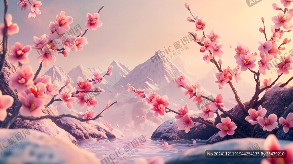 桃花梅花日出山澗