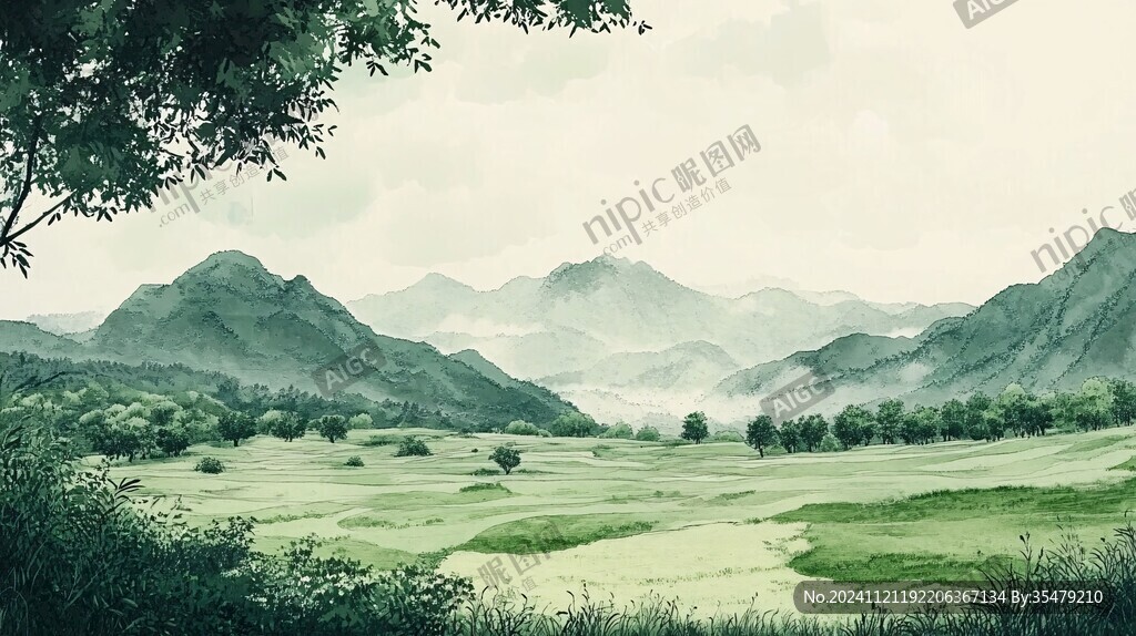 綠色清爽山水畫
