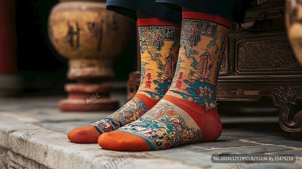 紅地聯珠錦襪